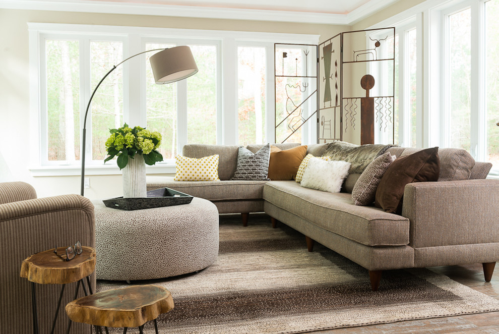 Medium sized traditional formal and grey and brown open plan living room in Boston with beige walls, medium hardwood flooring and beige floors.