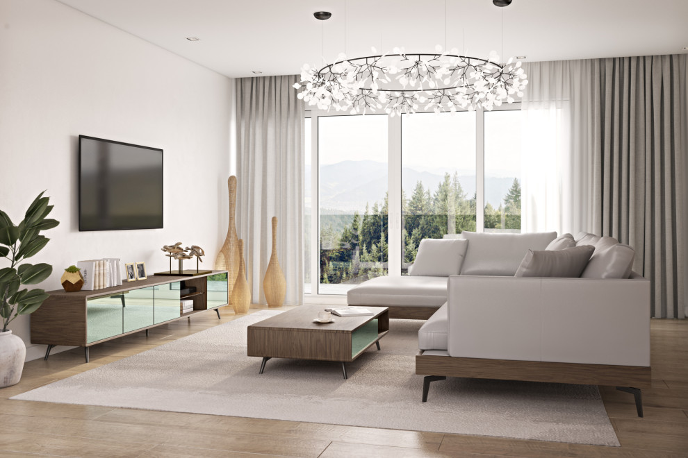 Foto di un soggiorno minimal di medie dimensioni e chiuso con sala formale, pareti beige, parquet chiaro, TV a parete, pavimento beige e pareti in mattoni
