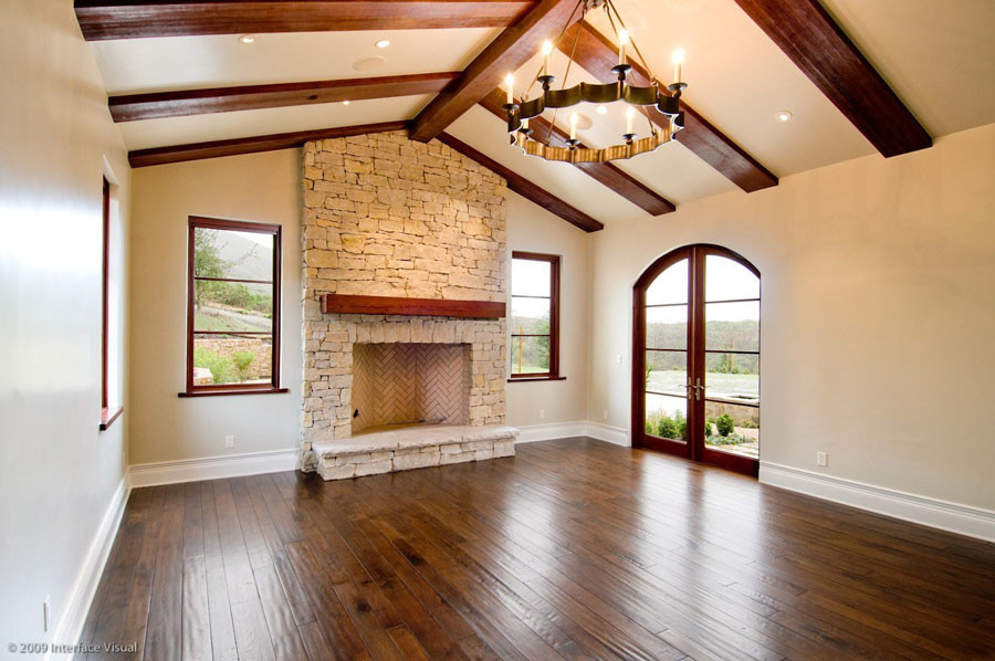 Example of a mid-sized transitional formal and enclosed dark wood floor living room design in San Francisco with beige walls, a standard fireplace and a stone fireplace