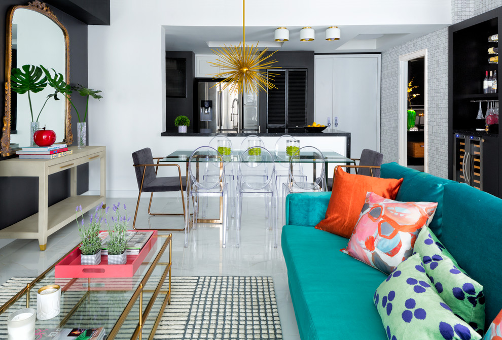 Inspiration for a small eclectic formal and open concept porcelain tile and white floor living room remodel in Miami with black walls