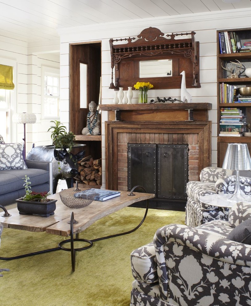 Inspiration for a large farmhouse formal and enclosed carpeted living room remodel in New York with a brick fireplace, white walls, a standard fireplace and no tv