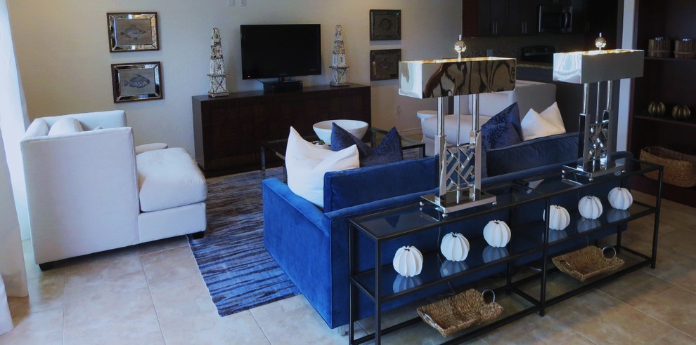 Стильный дизайн: парадная, открытая гостиная комната среднего размера в современном стиле с серыми стенами и полом из керамической плитки без камина, телевизора - последний тренд
