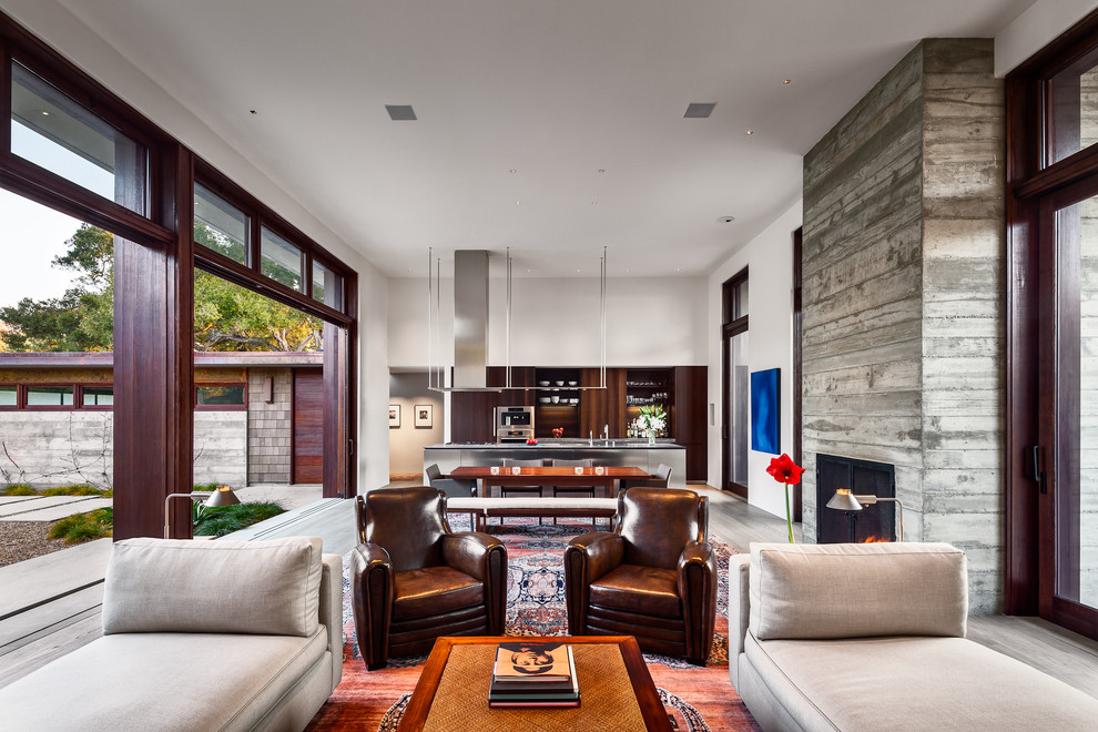Contemporary living room in Santa Barbara with a concrete fireplace surround.