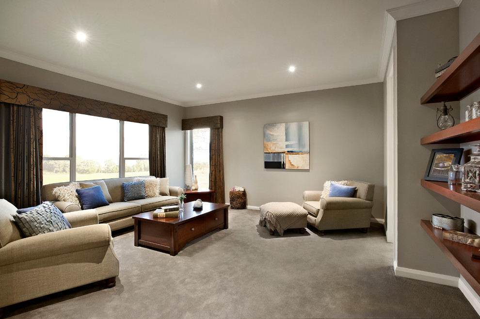 Example of a mid-sized trendy formal and open concept carpeted living room design in Sydney with beige walls