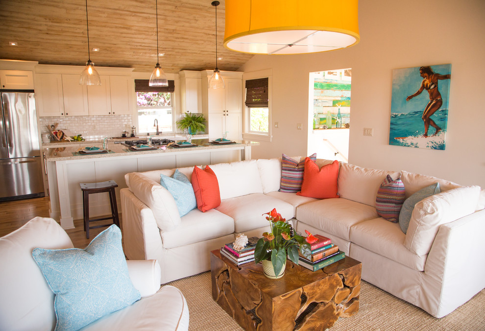 Inspiration for a medium sized beach style formal open plan living room in Hawaii with white walls, light hardwood flooring, no fireplace, no tv and brown floors.