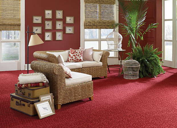 Mittelgroßes, Repräsentatives, Abgetrenntes Klassisches Wohnzimmer mit Teppichboden, roter Wandfarbe und rotem Boden in New York