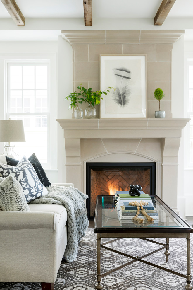 Traditional living room in Minneapolis with white walls and a standard fireplace.