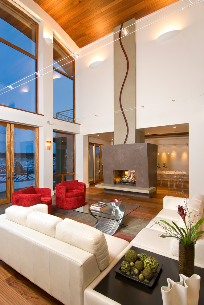 Стильный дизайн: гостиная комната в современном стиле с фасадом камина из бетона и двусторонним камином - последний тренд