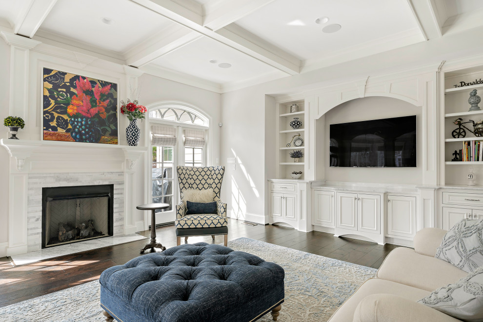 Photo of an open plan living room in Richmond with white walls, dark hardwood flooring, a standard fireplace, a freestanding tv, brown floors and a coffered ceiling.