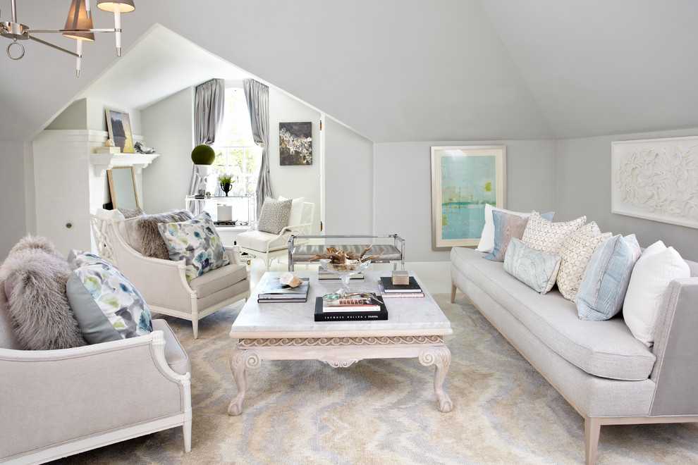 Example of a huge classic formal and enclosed carpeted living room design in New York with gray walls, no tv and no fireplace