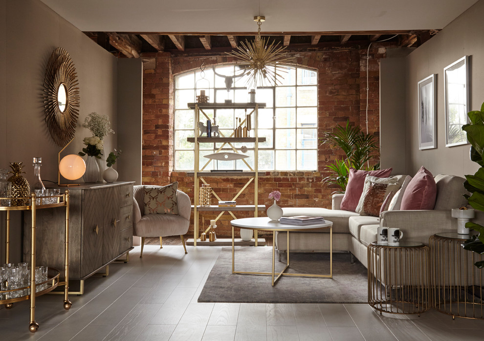 Trendy formal dark wood floor and gray floor living room photo in London with gray walls