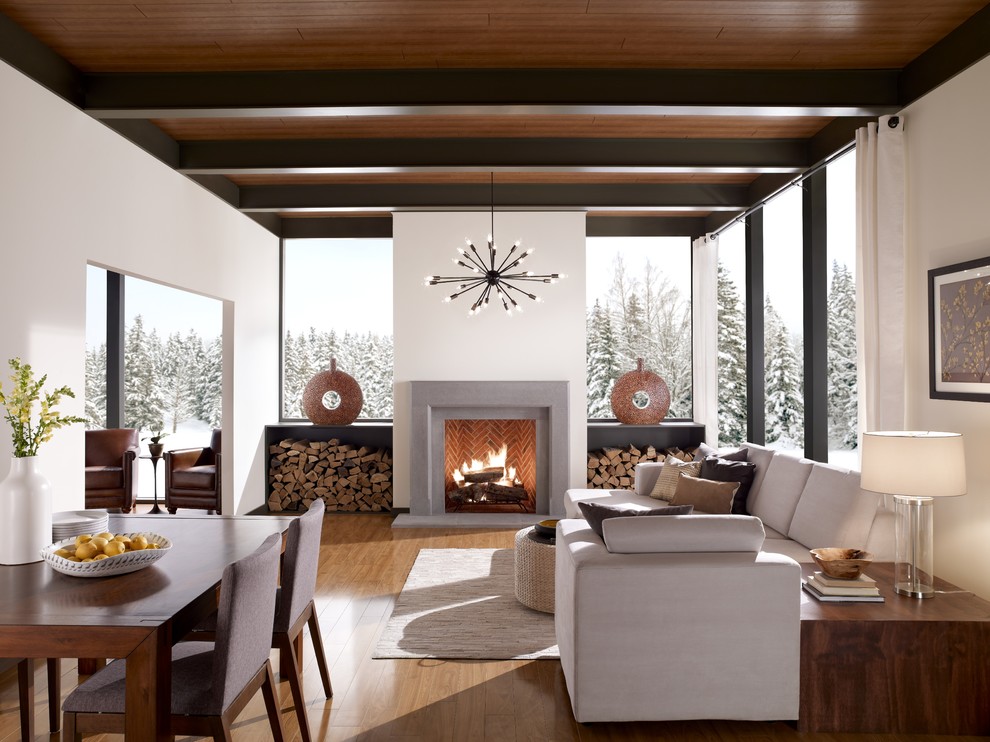 Repräsentatives, Fernseherloses Modernes Wohnzimmer mit weißer Wandfarbe, braunem Holzboden und Kamin in San Diego