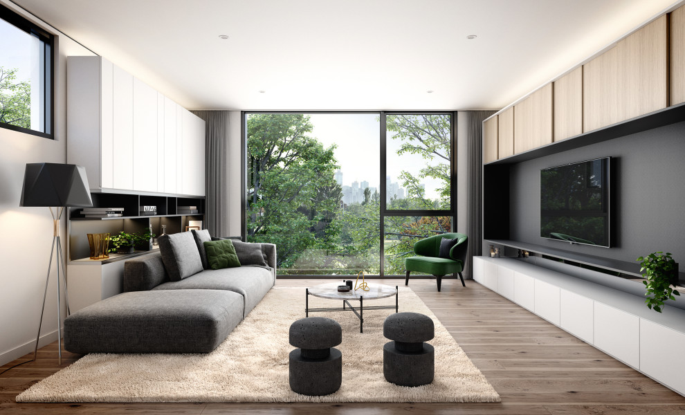Idee per un soggiorno contemporaneo di medie dimensioni e chiuso con pareti nere, parquet chiaro e parete attrezzata