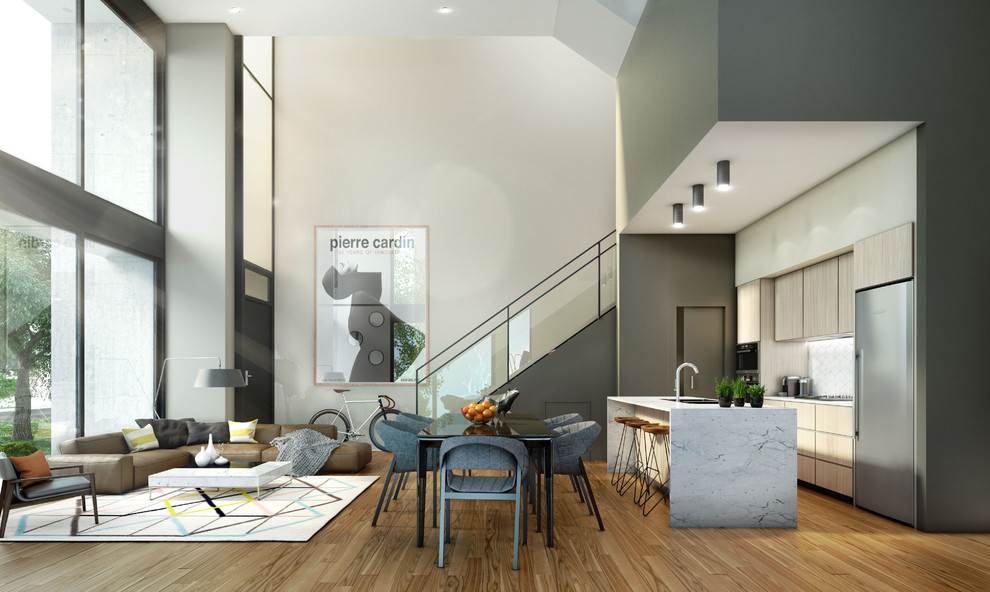 Свежая идея для дизайна: маленькая открытая гостиная комната в стиле модернизм с серыми стенами и паркетным полом среднего тона для на участке и в саду - отличное фото интерьера