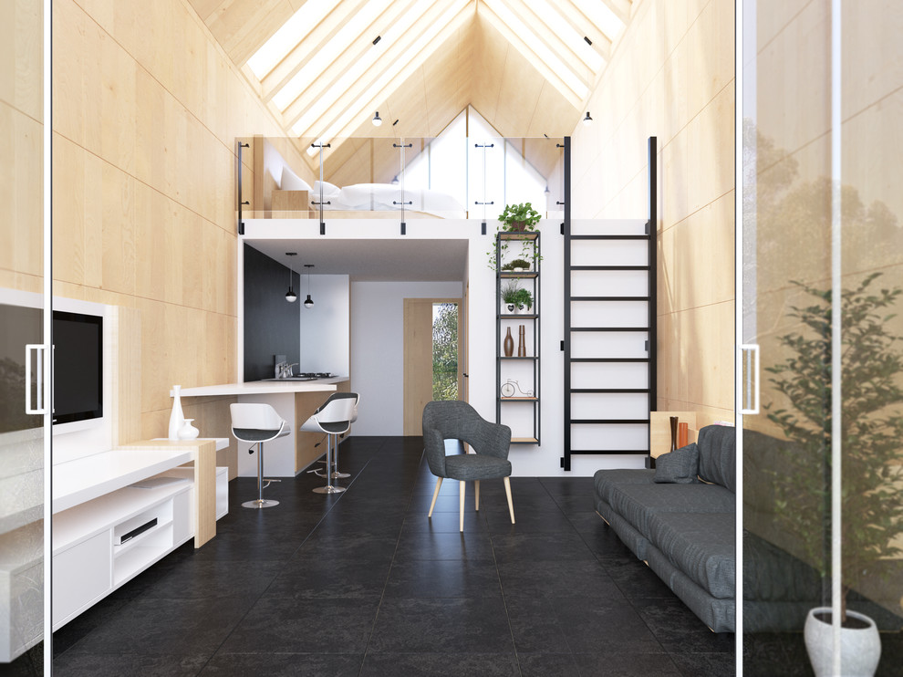 Idee per un piccolo soggiorno moderno stile loft con pareti multicolore e pavimento in cemento