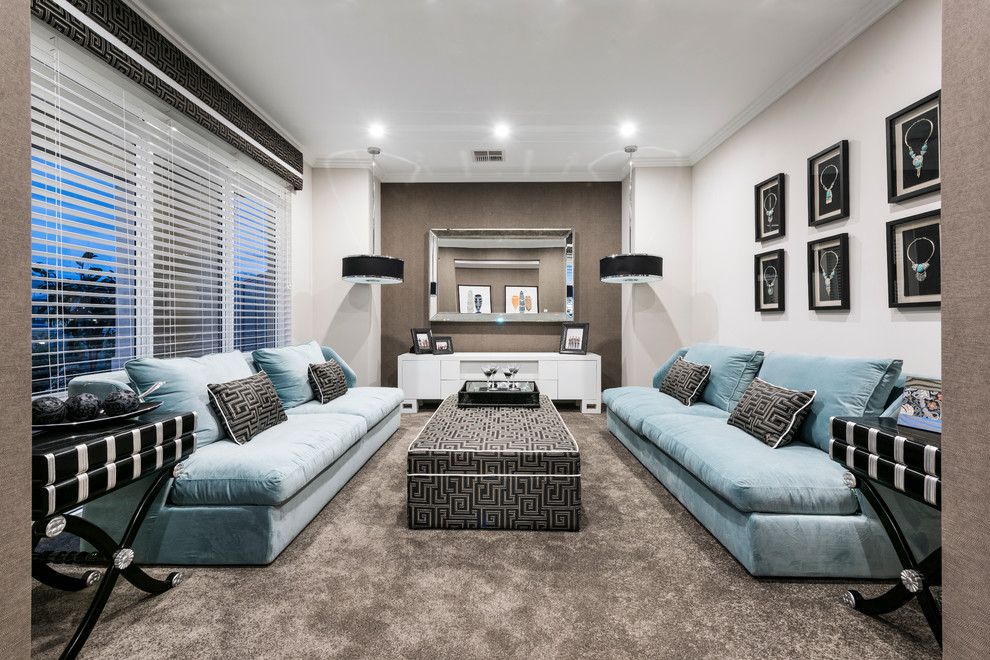 Example of a trendy formal carpeted living room design in Perth with beige walls and no tv
