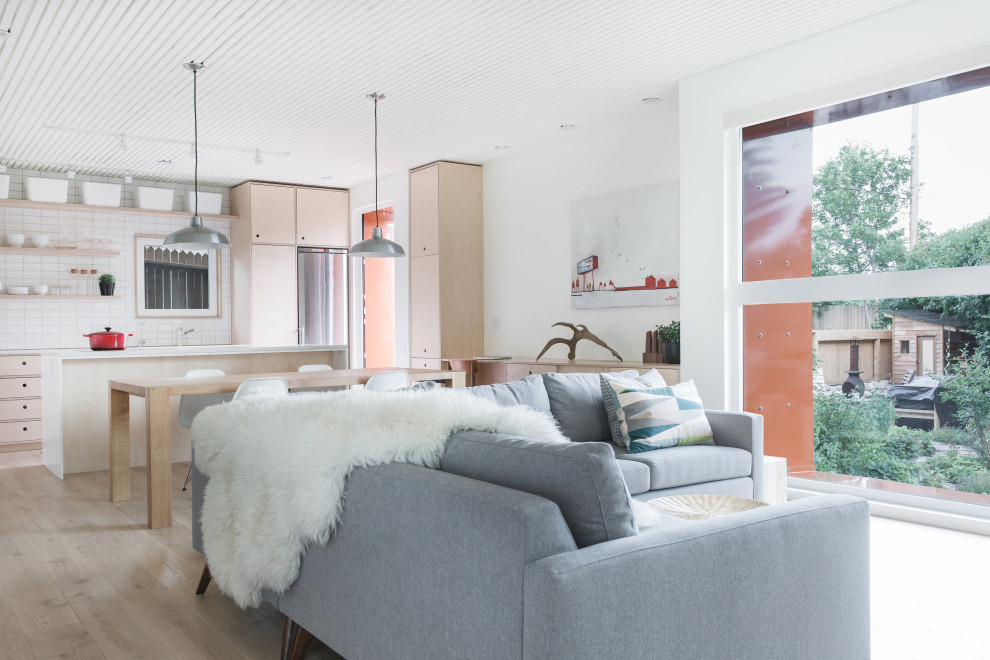 Kleines, Fernseherloses, Offenes Skandinavisches Wohnzimmer mit weißer Wandfarbe, hellem Holzboden und Kaminofen in Calgary