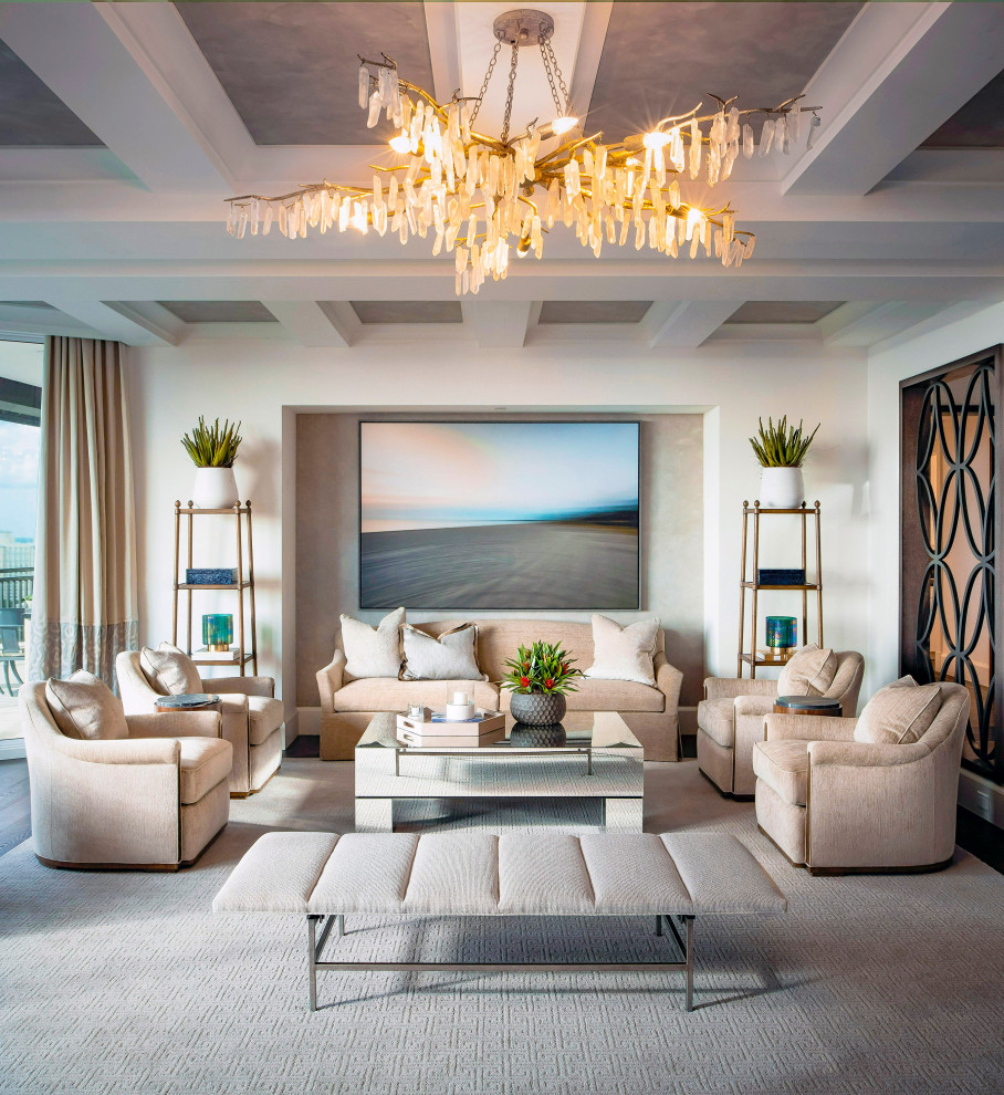 Immagine di un grande soggiorno chic aperto con sala formale, pareti bianche, parquet scuro, pavimento marrone e soffitto a cassettoni