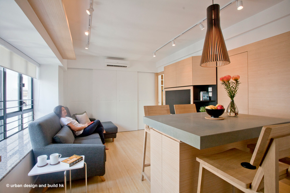 Mittelgroßes, Offenes Modernes Wohnzimmer mit Multimediawand in Hongkong