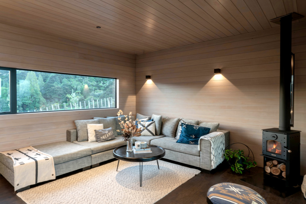 Пример оригинального дизайна: маленькая гостиная комната в стиле модернизм с печью-буржуйкой, коричневым полом, потолком из вагонки и деревянными стенами для на участке и в саду