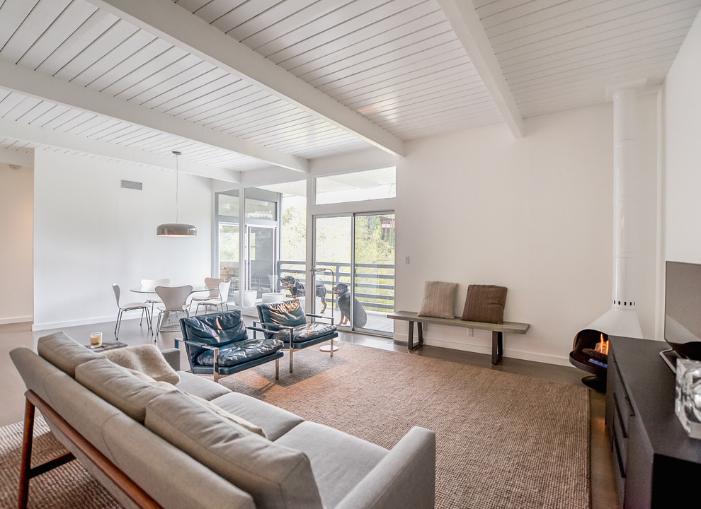 Medium sized modern formal open plan living room in Los Angeles with white walls, dark hardwood flooring, a hanging fireplace, a metal fireplace surround, a freestanding tv and brown floors.