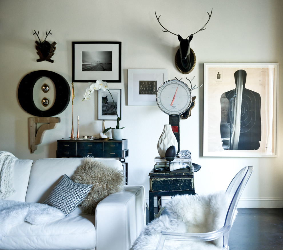Living room - eclectic living room idea in Dallas with white walls