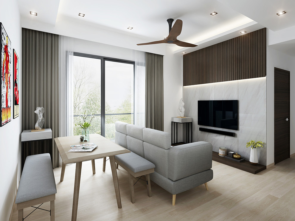Idee per un soggiorno contemporaneo aperto con pareti grigie, parquet chiaro e pavimento beige