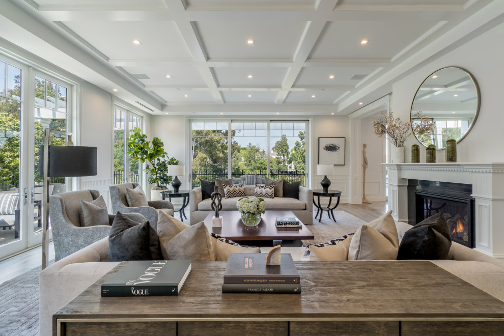 Inspiration for a transitional medium tone wood floor and brown floor living room remodel in Los Angeles with white walls and a standard fireplace