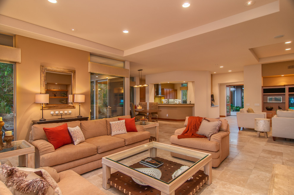 Example of a large transitional formal and enclosed travertine floor and beige floor living room design in Other with brown walls, no fireplace and no tv