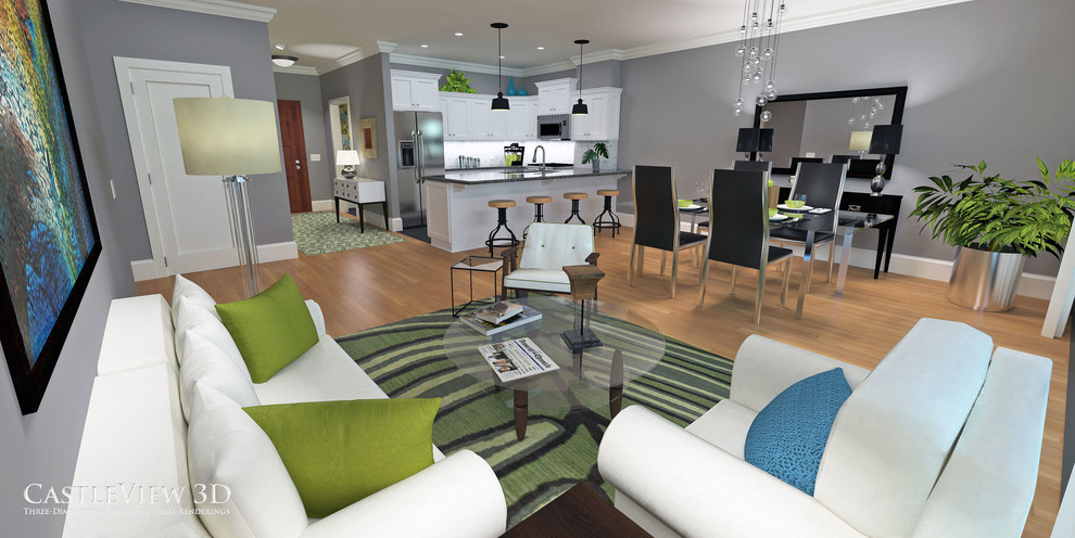Small trendy open concept medium tone wood floor living room photo in New York with gray walls, no fireplace and no tv