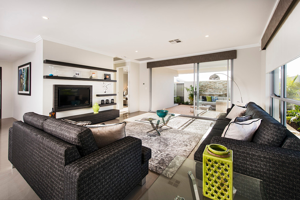 Example of a mid-sized trendy open concept porcelain tile living room design in Perth with white walls and a wall-mounted tv