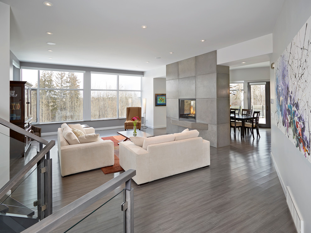 Photo of a contemporary living room in Edmonton with white walls and a two-sided fireplace.