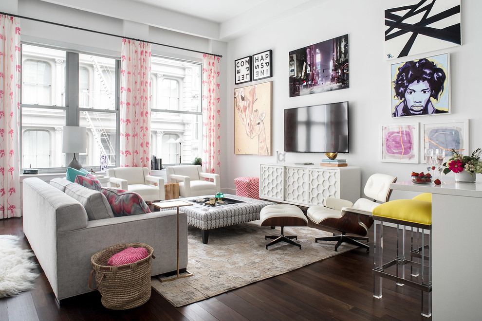 Mid-sized trendy open concept dark wood floor and brown floor living room photo in New York with white walls and a wall-mounted tv