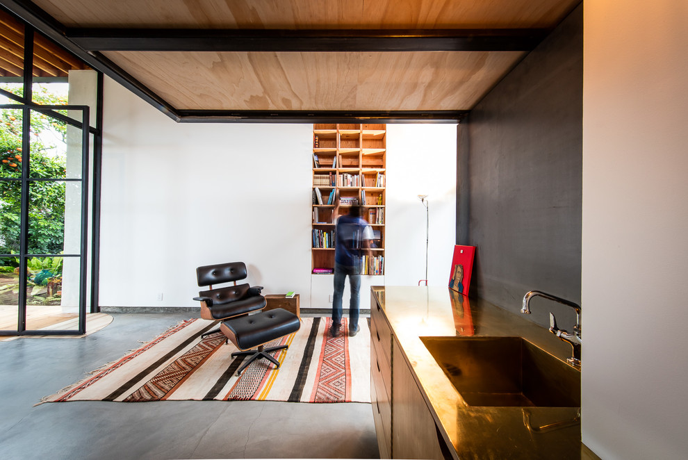 Immagine di un piccolo soggiorno minimal stile loft con libreria, pareti bianche e pavimento in cemento