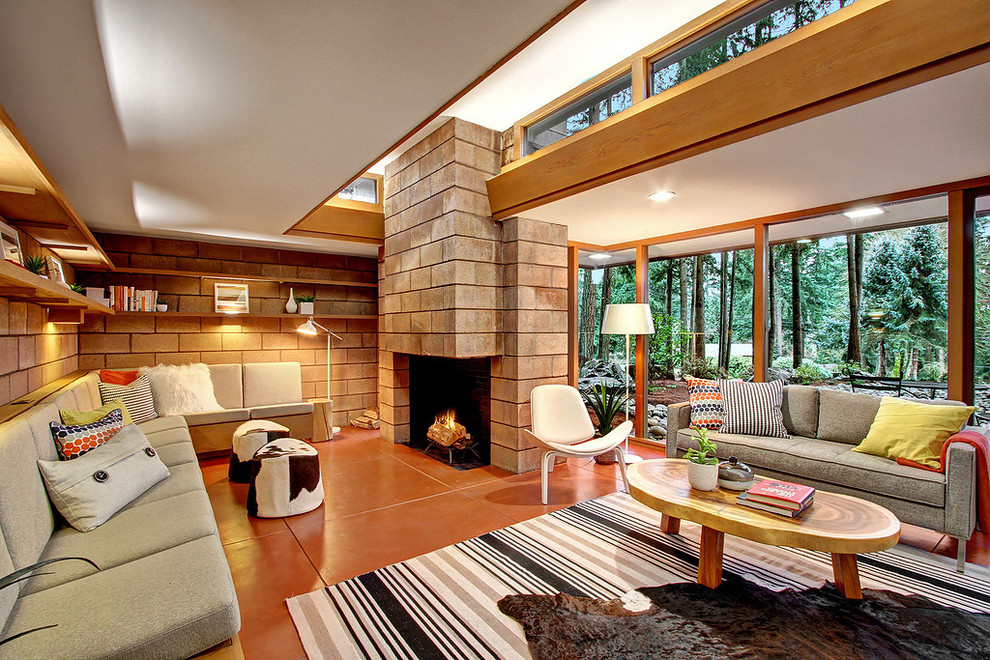 Living room - 1950s formal and open concept living room idea in Seattle with a standard fireplace and no tv