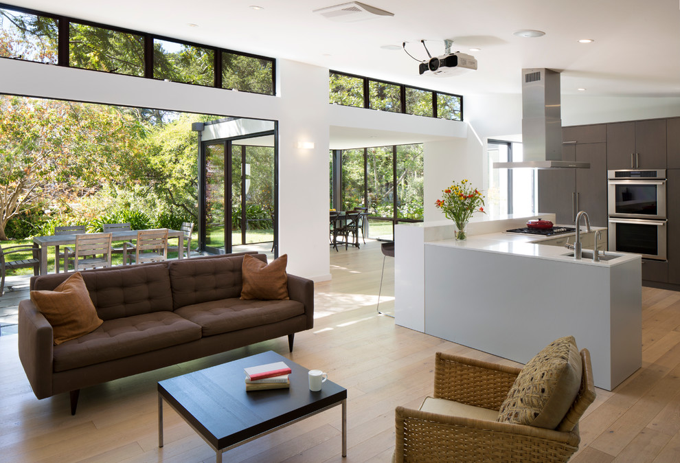 Mittelgroßes, Repräsentatives, Fernseherloses, Offenes Modernes Wohnzimmer ohne Kamin mit weißer Wandfarbe und braunem Holzboden in San Francisco