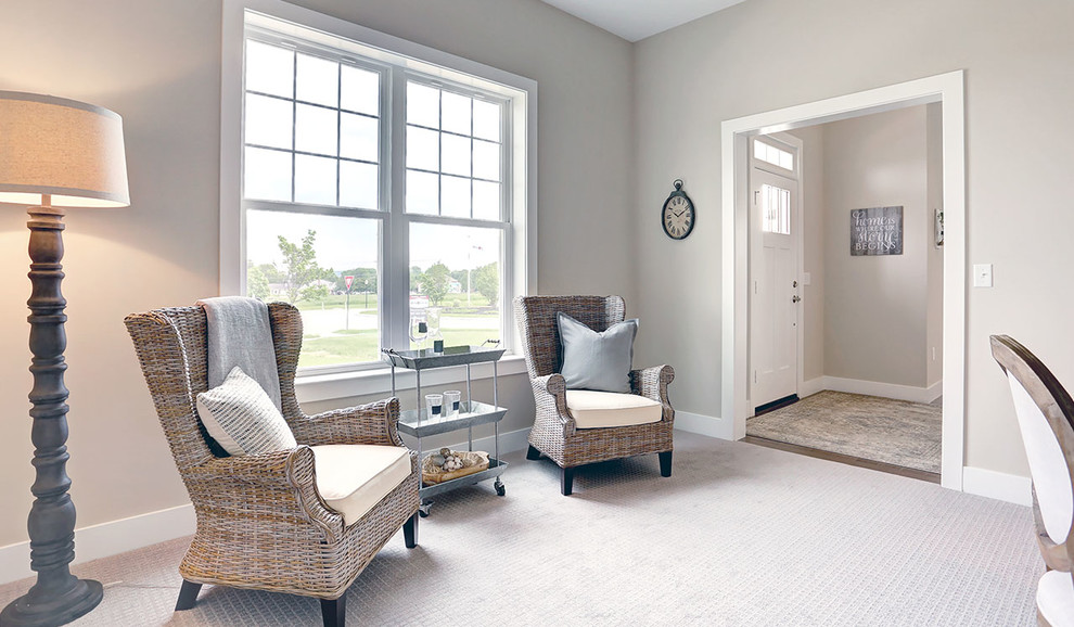 Foto de salón abierto campestre de tamaño medio sin chimenea con paredes grises, moqueta y suelo beige