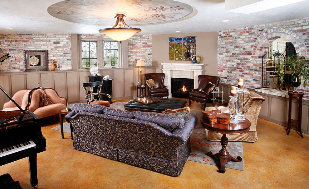 Идея дизайна: большая парадная, открытая гостиная комната в стиле неоклассика (современная классика) с разноцветными стенами, бетонным полом, угловым камином и фасадом камина из камня без телевизора