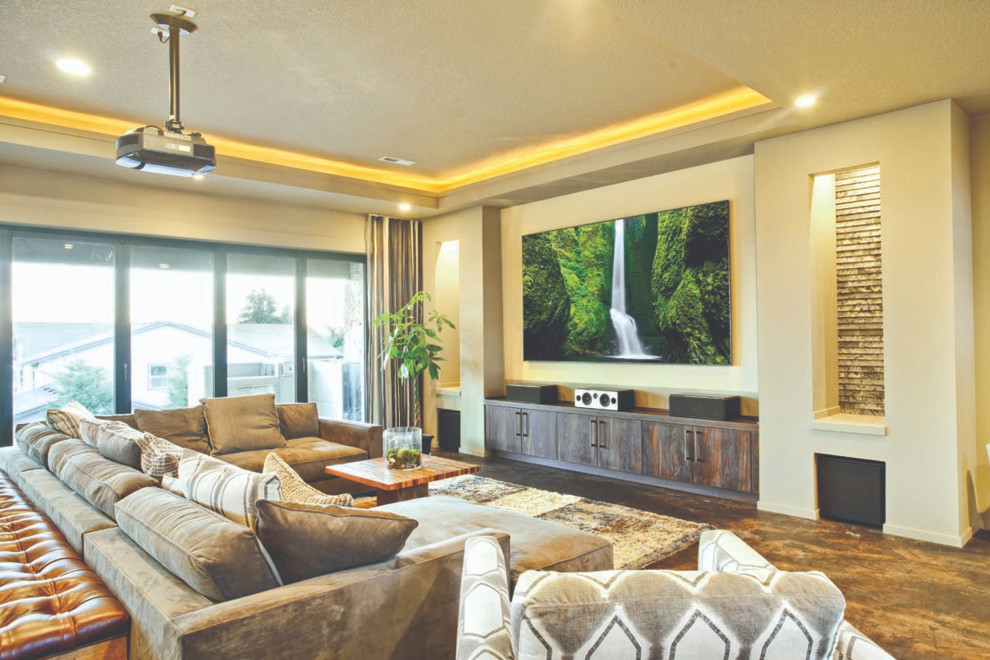 Inspiration for a large classic open plan living room in San Francisco with a wall mounted tv, brown floors, concrete flooring and beige walls.