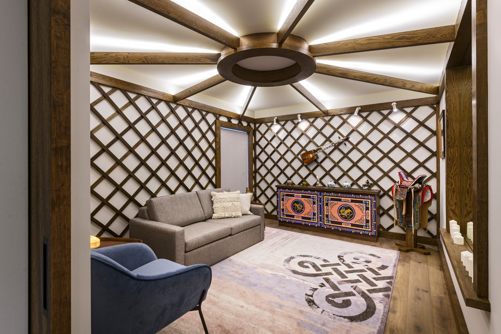 Идея дизайна: изолированная, парадная гостиная комната среднего размера в современном стиле с серыми стенами, паркетным полом среднего тона и коричневым полом без камина, телевизора