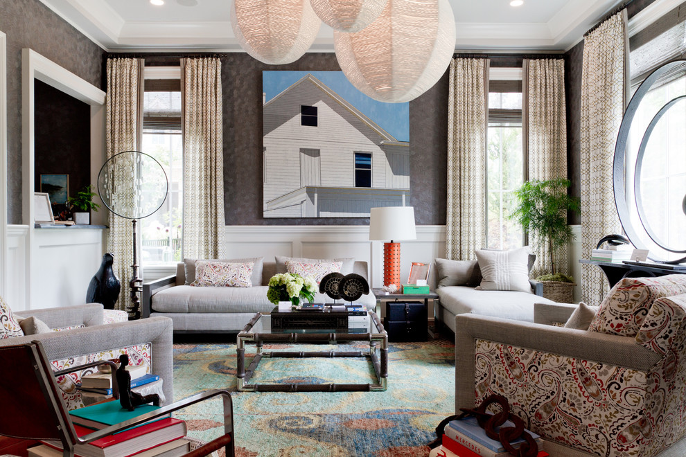 Living room - large contemporary living room idea in New York with gray walls