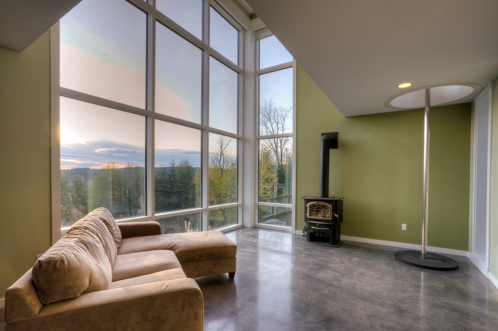 Cette image montre un salon design avec un mur vert, sol en béton ciré et un sol gris.