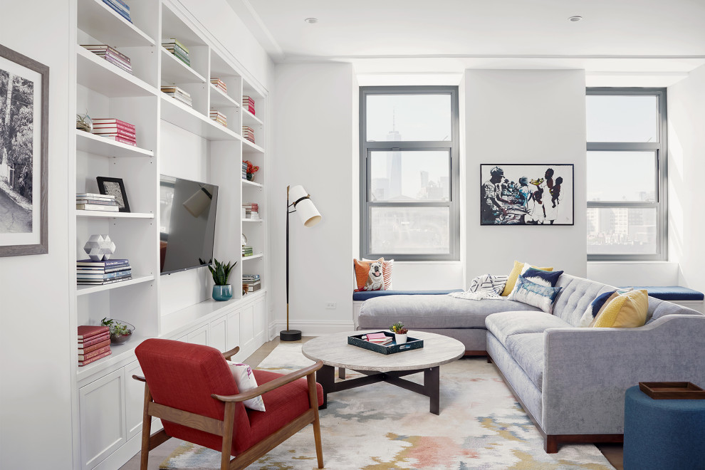 Inspiration for a mid-sized contemporary formal and open concept dark wood floor living room remodel in San Francisco with no fireplace and a wall-mounted tv