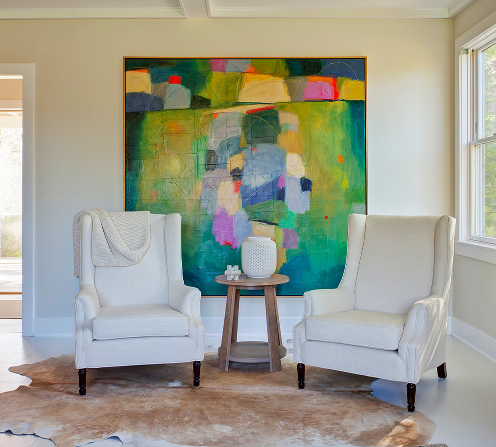 Medium sized classic formal enclosed living room in Chicago with yellow walls, vinyl flooring, a standard fireplace, a brick fireplace surround and a wall mounted tv.