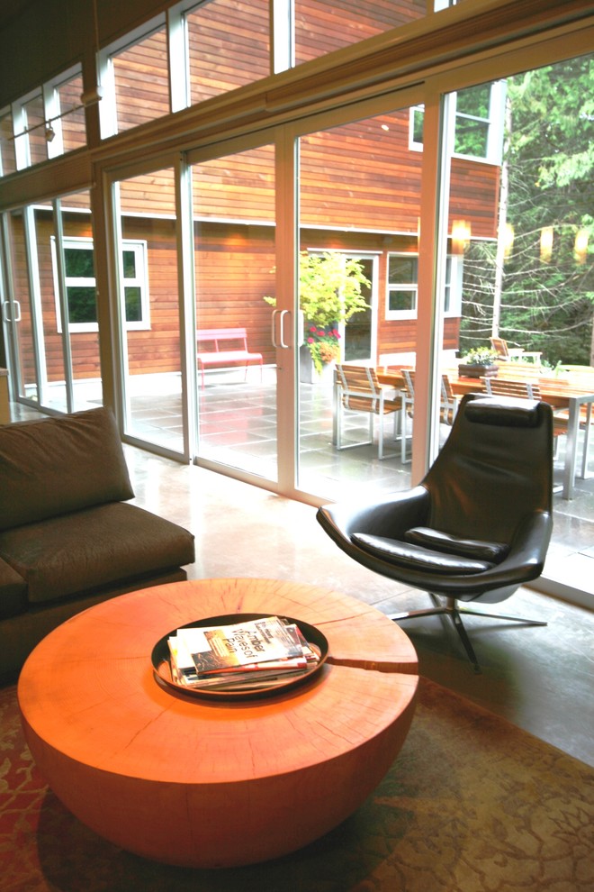 Ispirazione per un soggiorno minimalista di medie dimensioni e aperto con pavimento in cemento