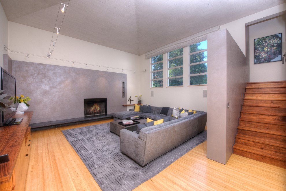 Foto di un soggiorno design aperto con sala formale, pareti bianche, parquet chiaro, camino classico e TV autoportante