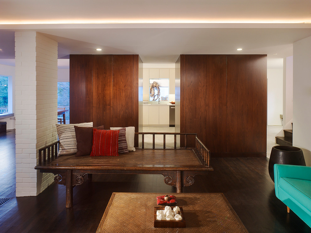 Inspiration for a modern living room in DC Metro with white walls and dark hardwood flooring.