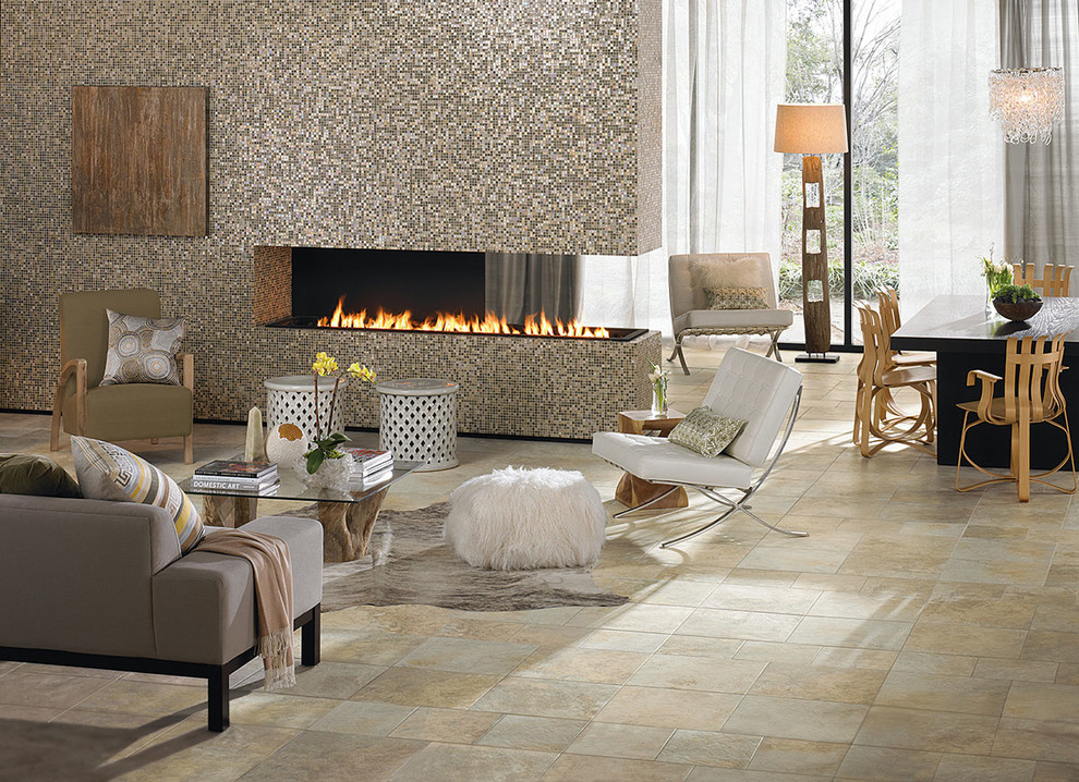 Photo of a large contemporary formal open plan living room in DC Metro with a two-sided fireplace, a tiled fireplace surround, beige floors and porcelain flooring.