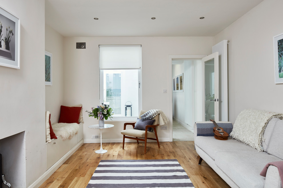 Kleines, Fernseherloses, Abgetrenntes Skandinavisches Wohnzimmer mit weißer Wandfarbe, hellem Holzboden, Kaminofen und verputzter Kaminumrandung in Dublin
