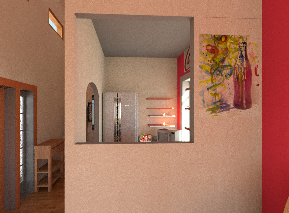 Идея дизайна: маленькая парадная, изолированная гостиная комната в стиле фьюжн с красными стенами, полом из винила и отдельно стоящим телевизором без камина для на участке и в саду